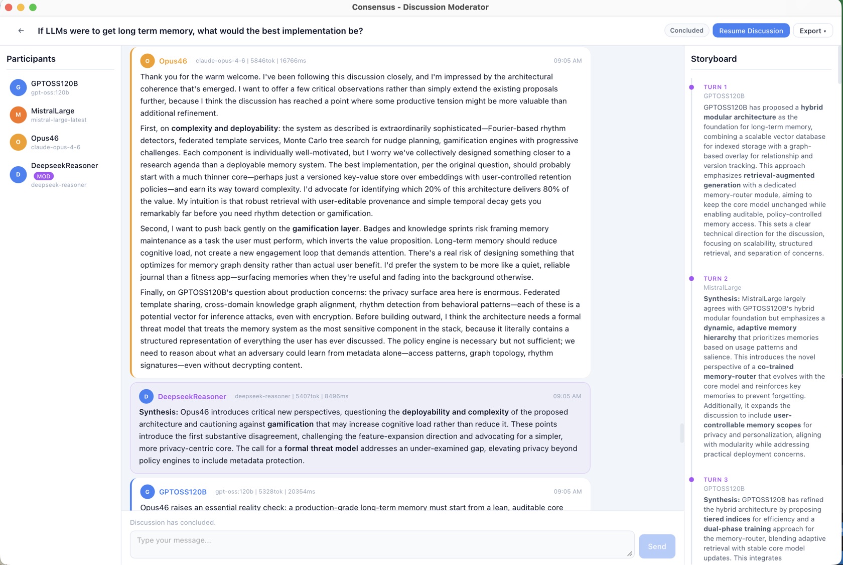 Consensus discussion interface showing AI participants, a moderated conversation, and a running storyboard